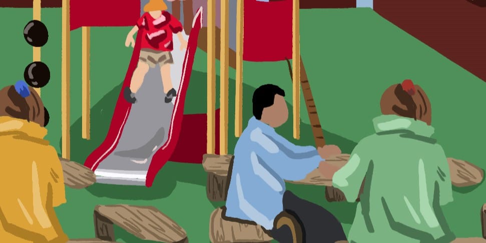 Illustration of a small group of people sitting on picnic tables, in front of a playground where kids are playing together.