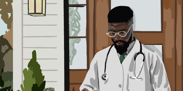 Color illustration of a community nurse, a younger Black man, making a house call. 